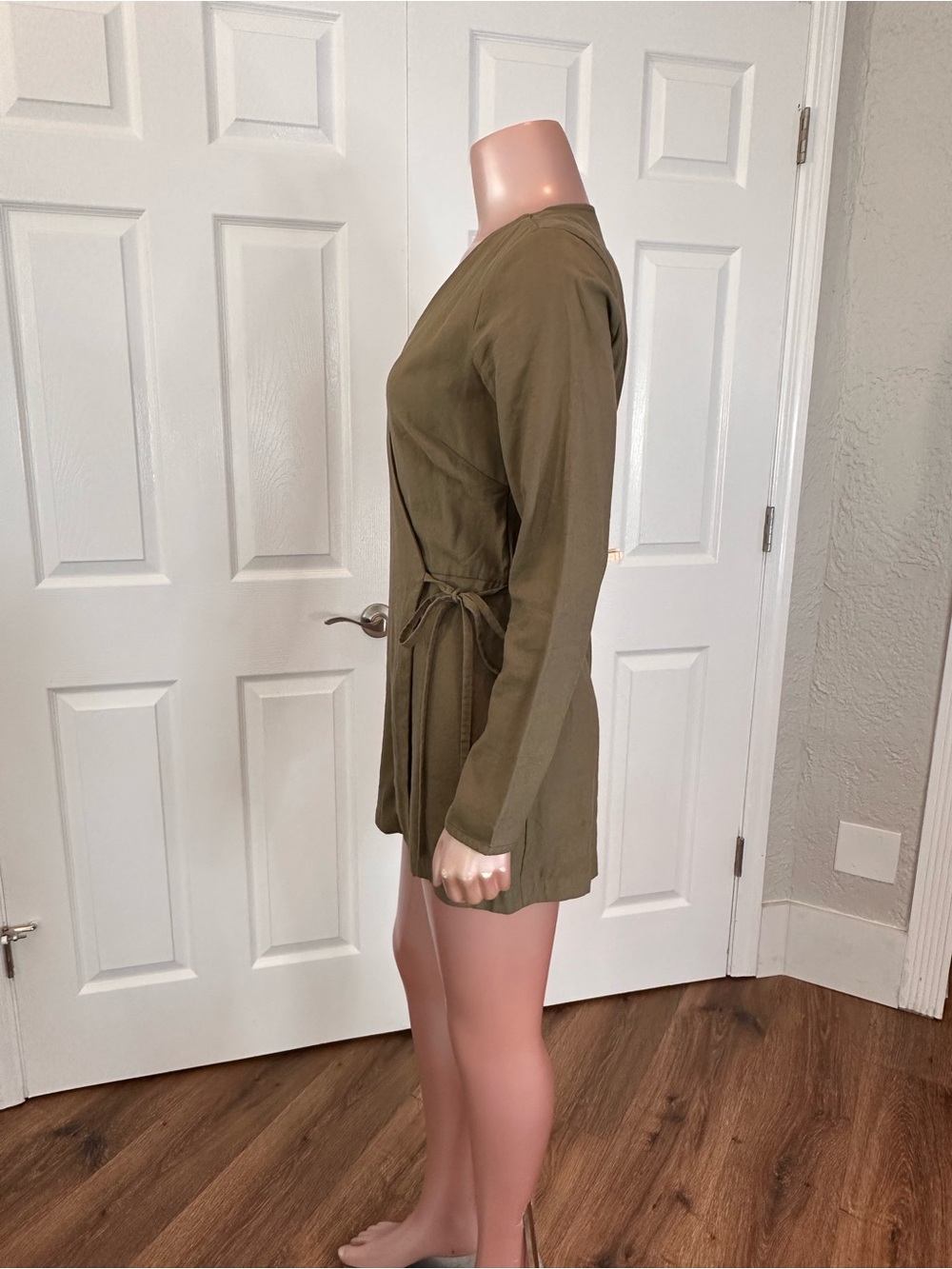 Matty M Olive Wrap Romper | Small | Long Sleeve Tie Waist Utility Chic | A-1836 - Picture 5 of 16